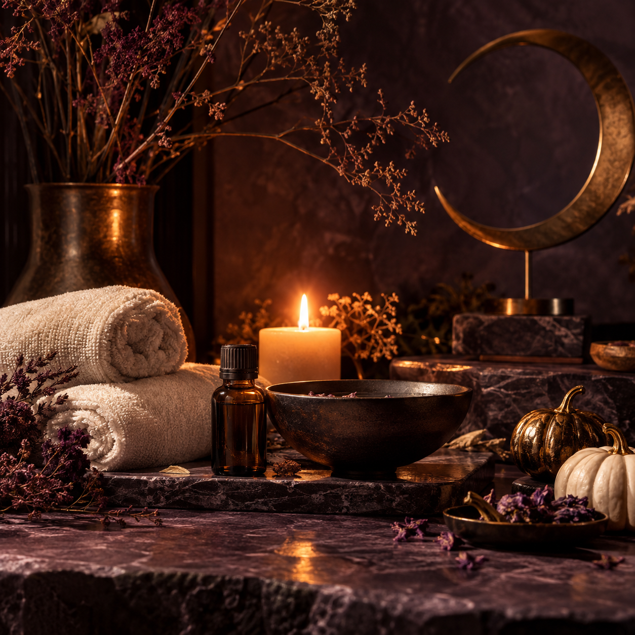 Ritual de spa con velas, aceites y calabazas en tonos ámbar